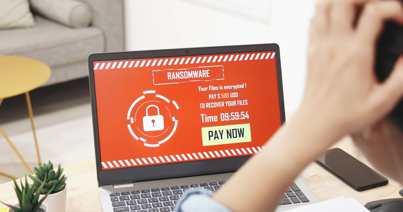 Computer screen showing Ransomeware warning message.