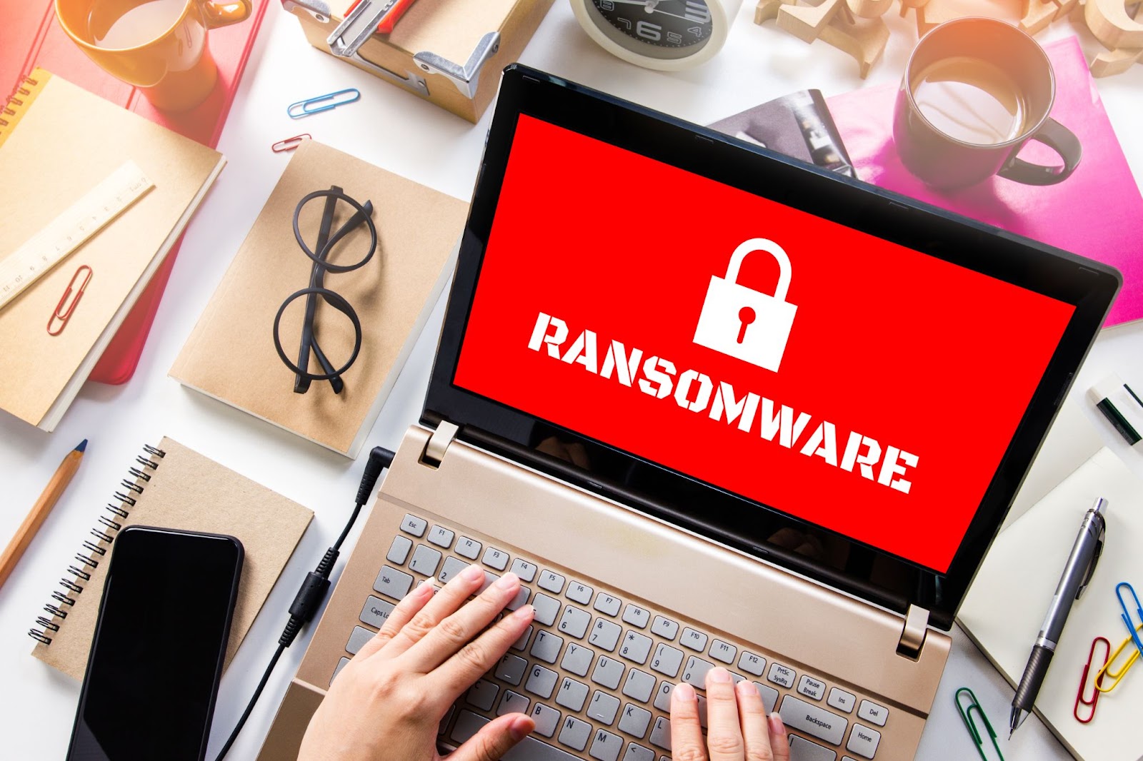 Warning for Ransomware on a laptop screen.