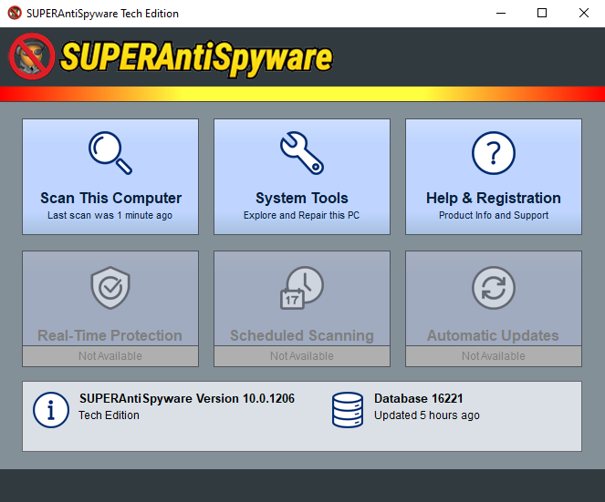 SUPERAntiSpyware Tech Edition Main Interface