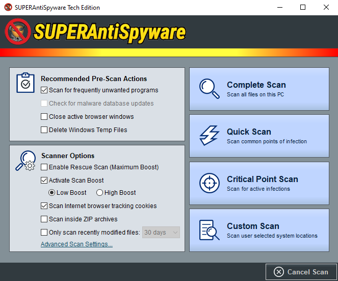 SUPERAntiSpyware Tech Edition Scan Options